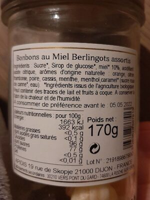 Berlingots rayés au miel BIO 170 gr