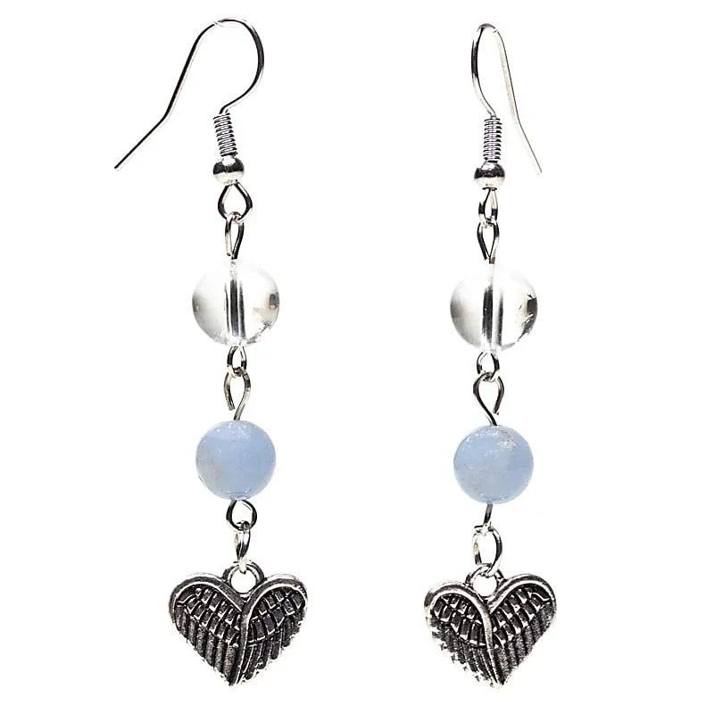 Boucles d'oreilles angélite/cristal de roche avec cœur