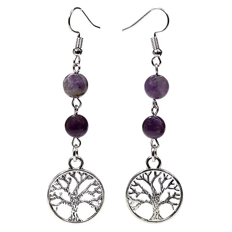 Boucles d'oreilles fluorite/améthyste arbre de vie