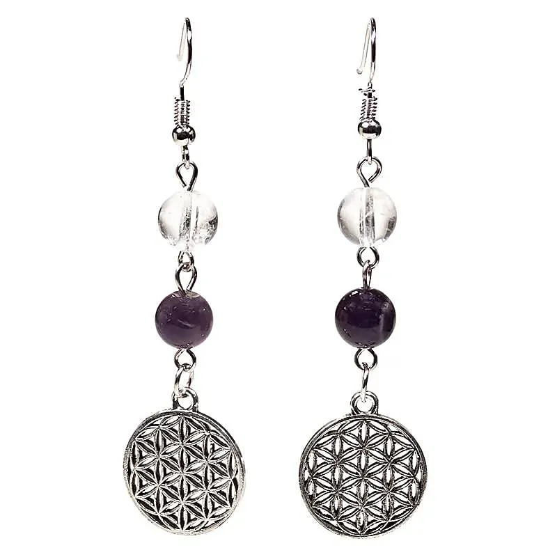 Boucles d'oreilles Cristal de roche/Améthyste fleur de vie